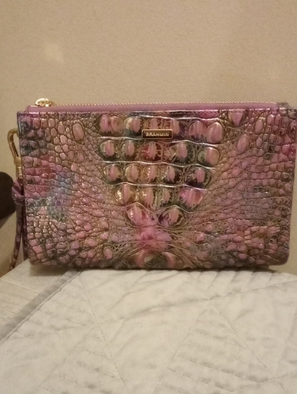 Brahmin Purple Daisy Multicolor Iridescent Leather Wristlet.